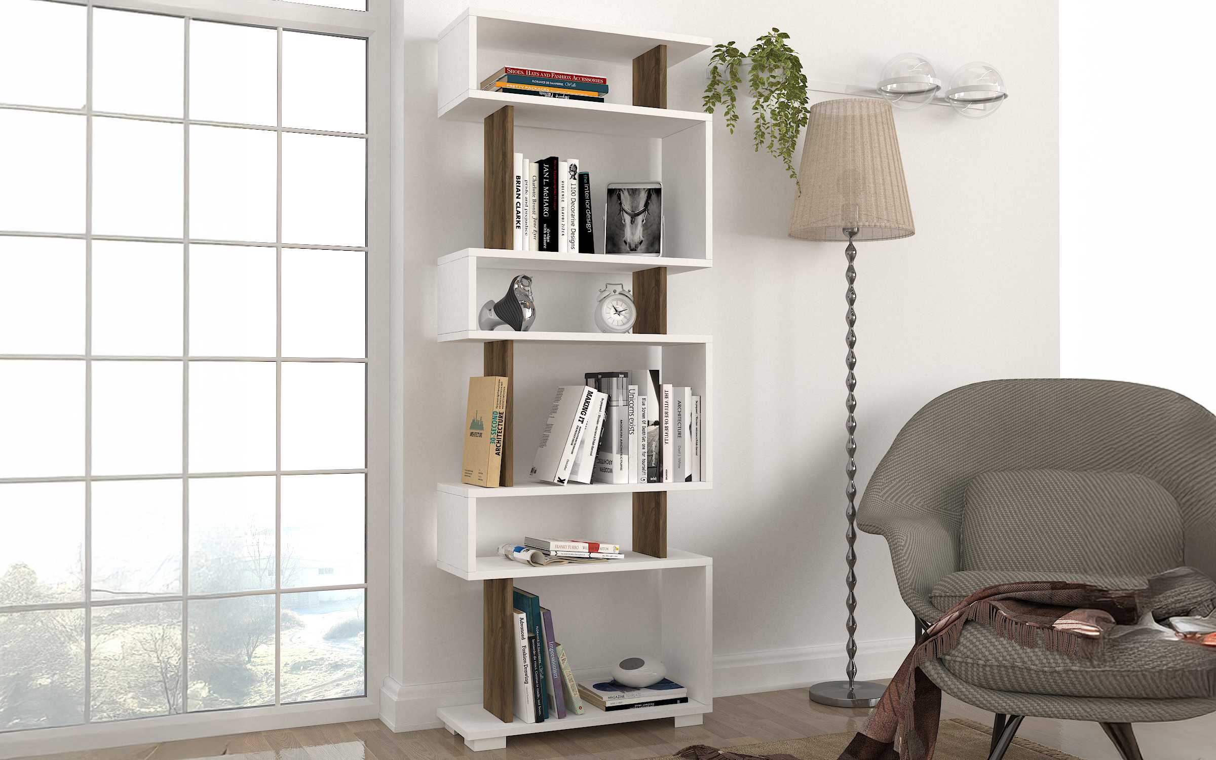 Bookcase Velina, white + walnut  2